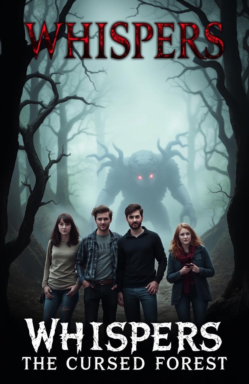 A horror eBook cover featuring four friends in a dark, eerie forest setting titled "Whispers of the Cursed Forest