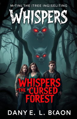 A horror eBook cover featuring four friends in a dark, eerie forest setting titled "Whispers of the Cursed Forest