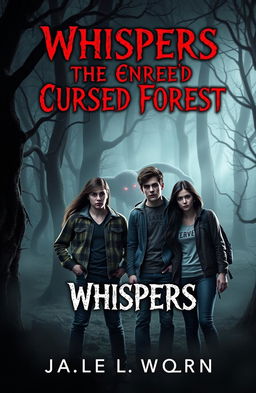 A horror eBook cover featuring four friends in a dark, eerie forest setting titled "Whispers of the Cursed Forest
