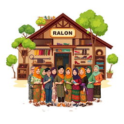 A charming illustration for a greeting card design featuring a shoe factory with a bustling scene in front
