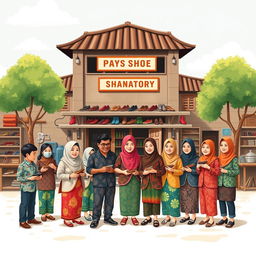 A charming illustration for a greeting card design featuring a shoe factory with a bustling scene in front
