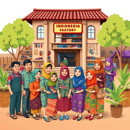 A charming illustration for a greeting card design featuring a shoe factory with a bustling scene in front