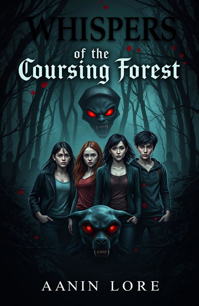 A thrilling horror eBook cover titled 'Whispers of the Coursing Forest'