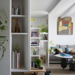 An apartment living room with a cool color palette. Features include a nature-inspired design, shelves full of books, and signs that a young, energetic, book-loving individual lives here.