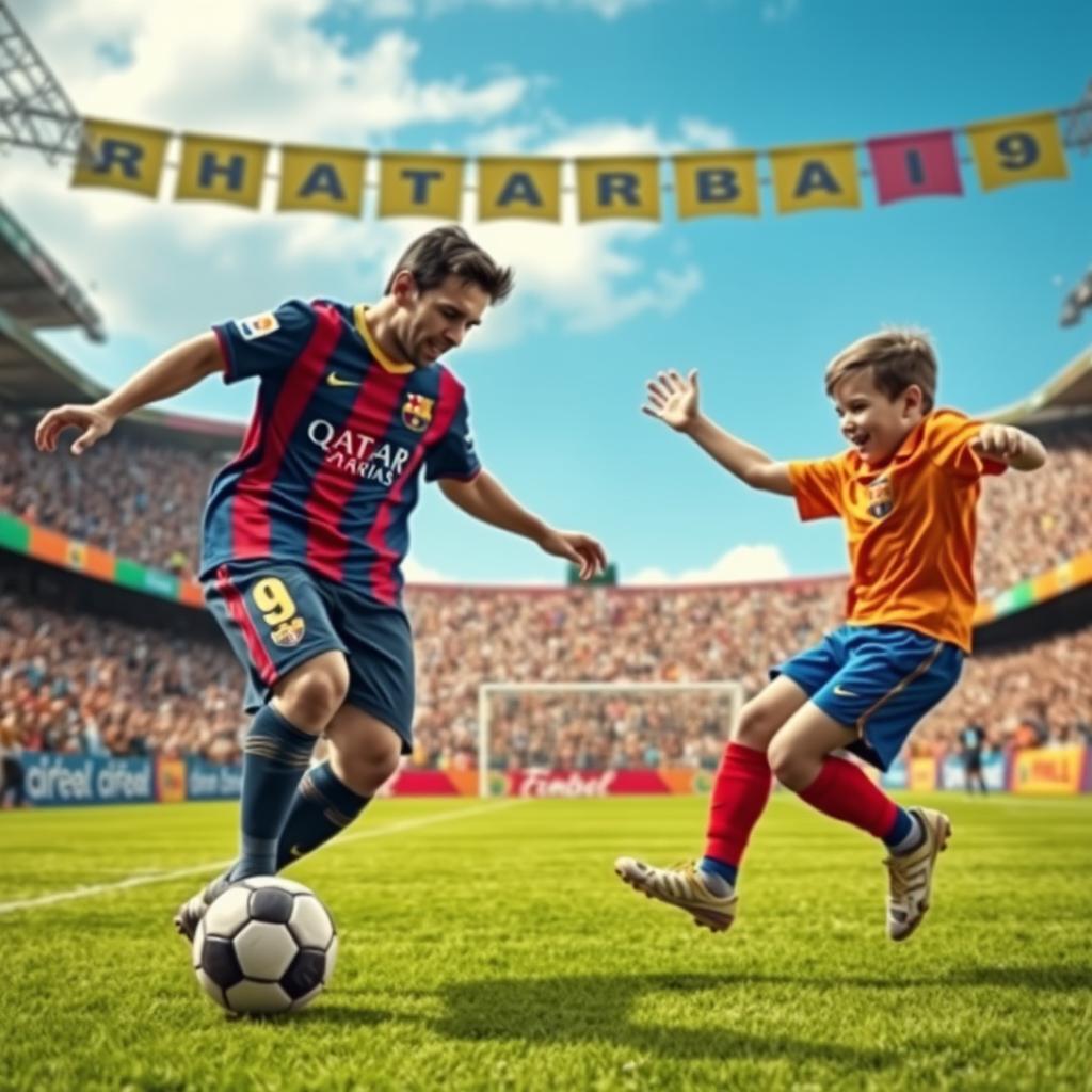 An intense soccer match scene featuring a famous football player resembling Lionel Messi in an action-packed moment