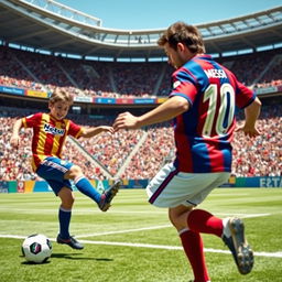 An intense soccer match scene featuring a famous football player resembling Lionel Messi in an action-packed moment