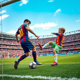 An intense soccer match scene featuring a famous football player resembling Lionel Messi in an action-packed moment