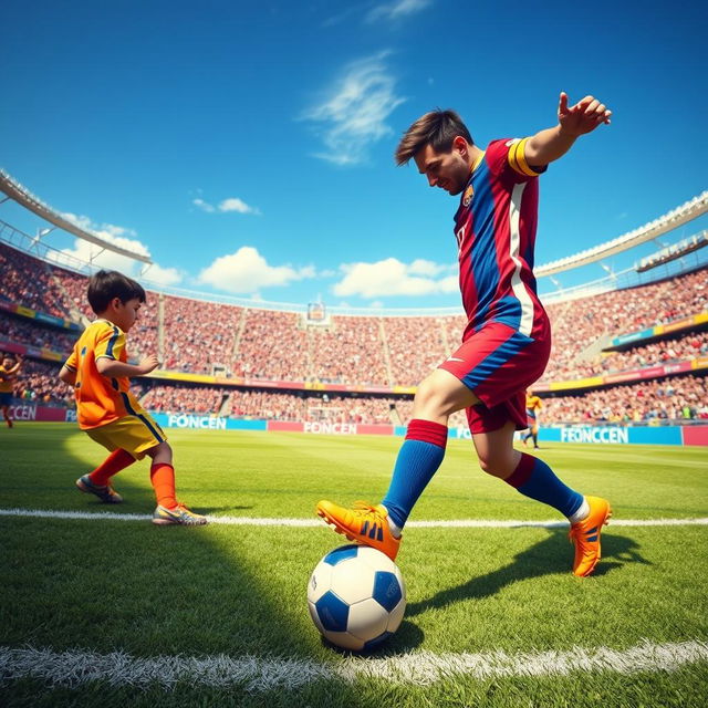 An intense soccer match scene featuring a famous football player resembling Lionel Messi in an action-packed moment