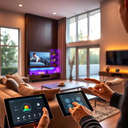 A modern and sleek living room showcasing smart home automation features