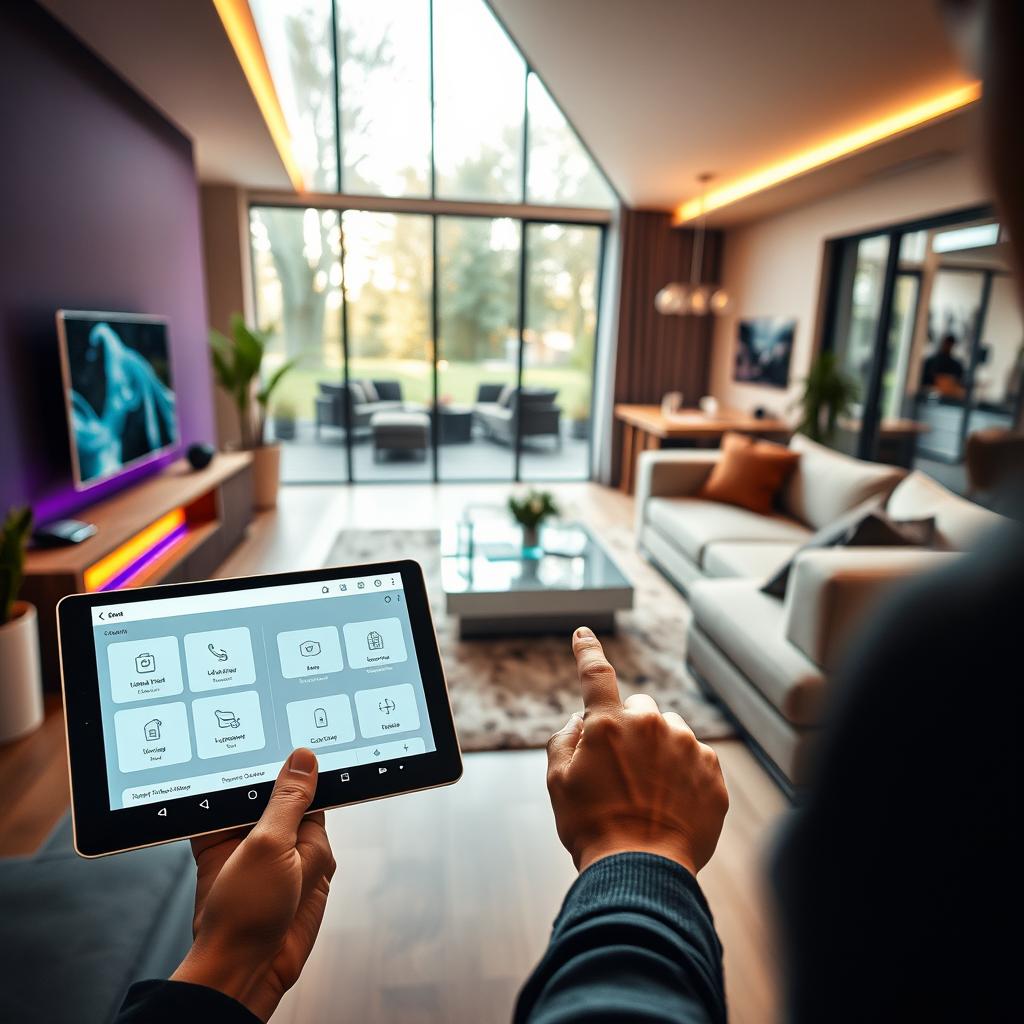 A modern and sleek living room showcasing smart home automation features