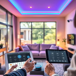 A modern and sleek living room showcasing smart home automation features