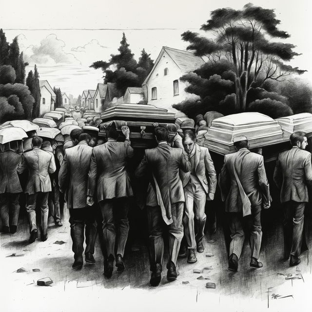 A black and white pencil sketch of a funeral procession