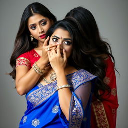 A captivating scene featuring two beautiful women in glamorous sarees