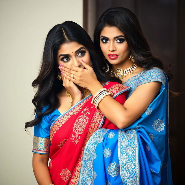 A captivating scene featuring two beautiful women in glamorous sarees