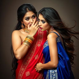 A captivating scene featuring two beautiful women in glamorous sarees