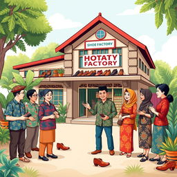 A delightful illustration for a greeting card design featuring a shoe factory bustling with activity
