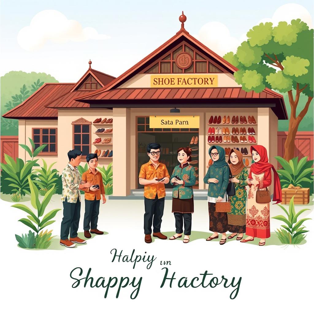 A delightful illustration for a greeting card design featuring a shoe factory bustling with activity