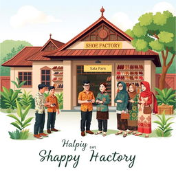 A delightful illustration for a greeting card design featuring a shoe factory bustling with activity