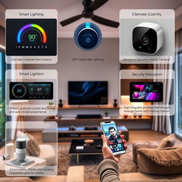 A modern living room showcasing smart home automation in action, featuring sleek smart devices and user-friendly interfaces