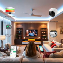 A modern living room showcasing smart home automation in action, featuring sleek smart devices and user-friendly interfaces
