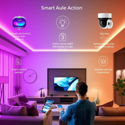 A modern living room showcasing smart home automation in action, featuring sleek smart devices and user-friendly interfaces