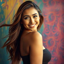 A stunningly beautiful young woman exuding confidence and allure, with long flowing hair and a playful smile