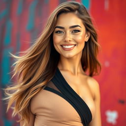 A stunningly beautiful young woman exuding confidence and allure, with long flowing hair and a playful smile