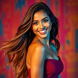 A stunningly beautiful young woman exuding confidence and allure, with long flowing hair and a playful smile