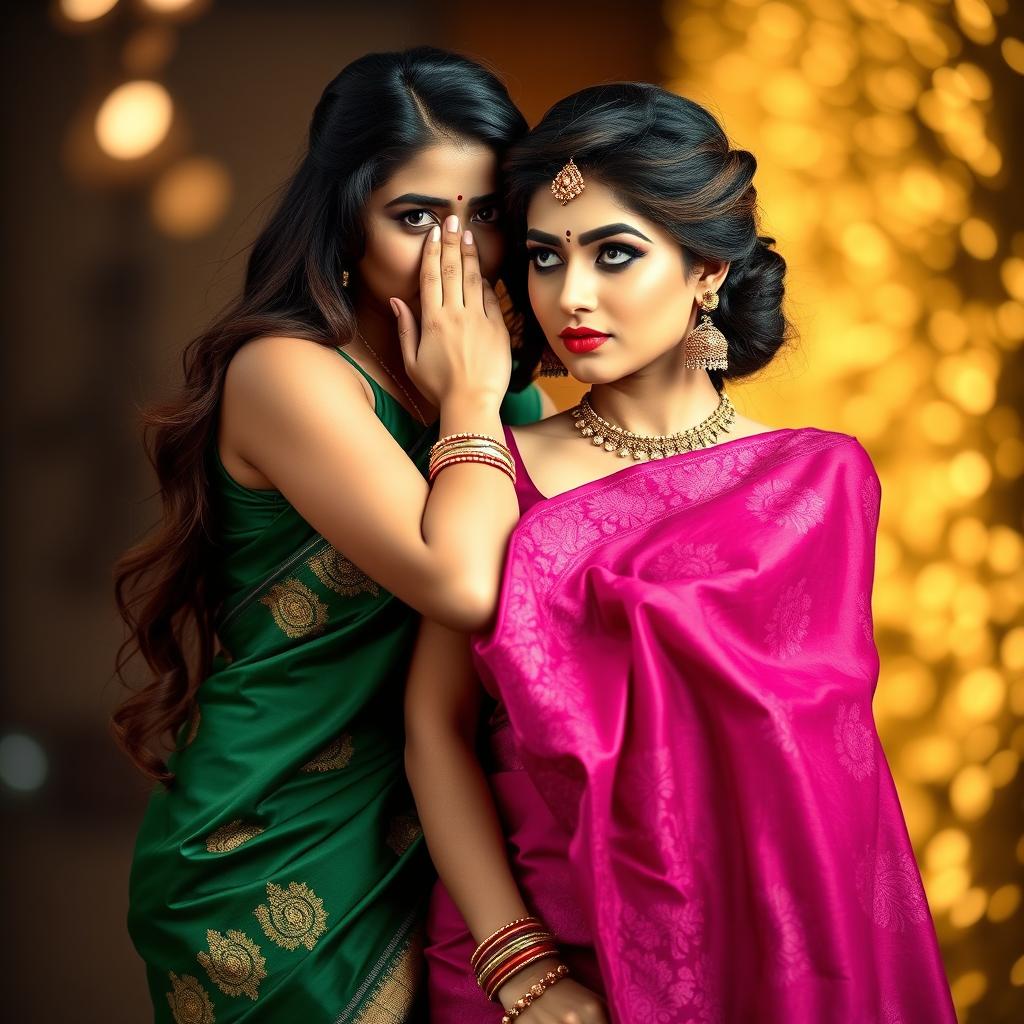 A captivating scene portraying two attractive women in elegant sarees