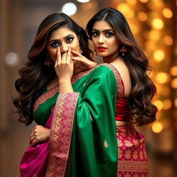 A captivating scene portraying two attractive women in elegant sarees