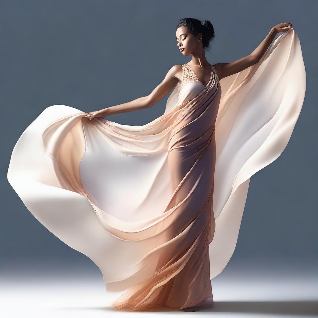 A digital art image capturing a slim dancing girl in a tasteful manner, her upper body only covered by a stylish shawl