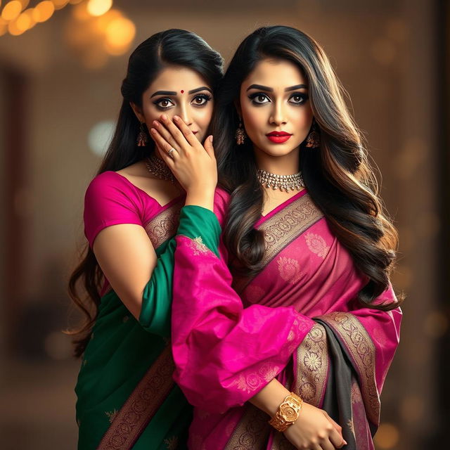 A captivating scene portraying two attractive women in elegant sarees