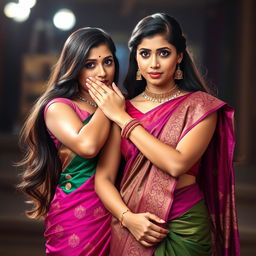 A captivating scene portraying two attractive women in elegant sarees