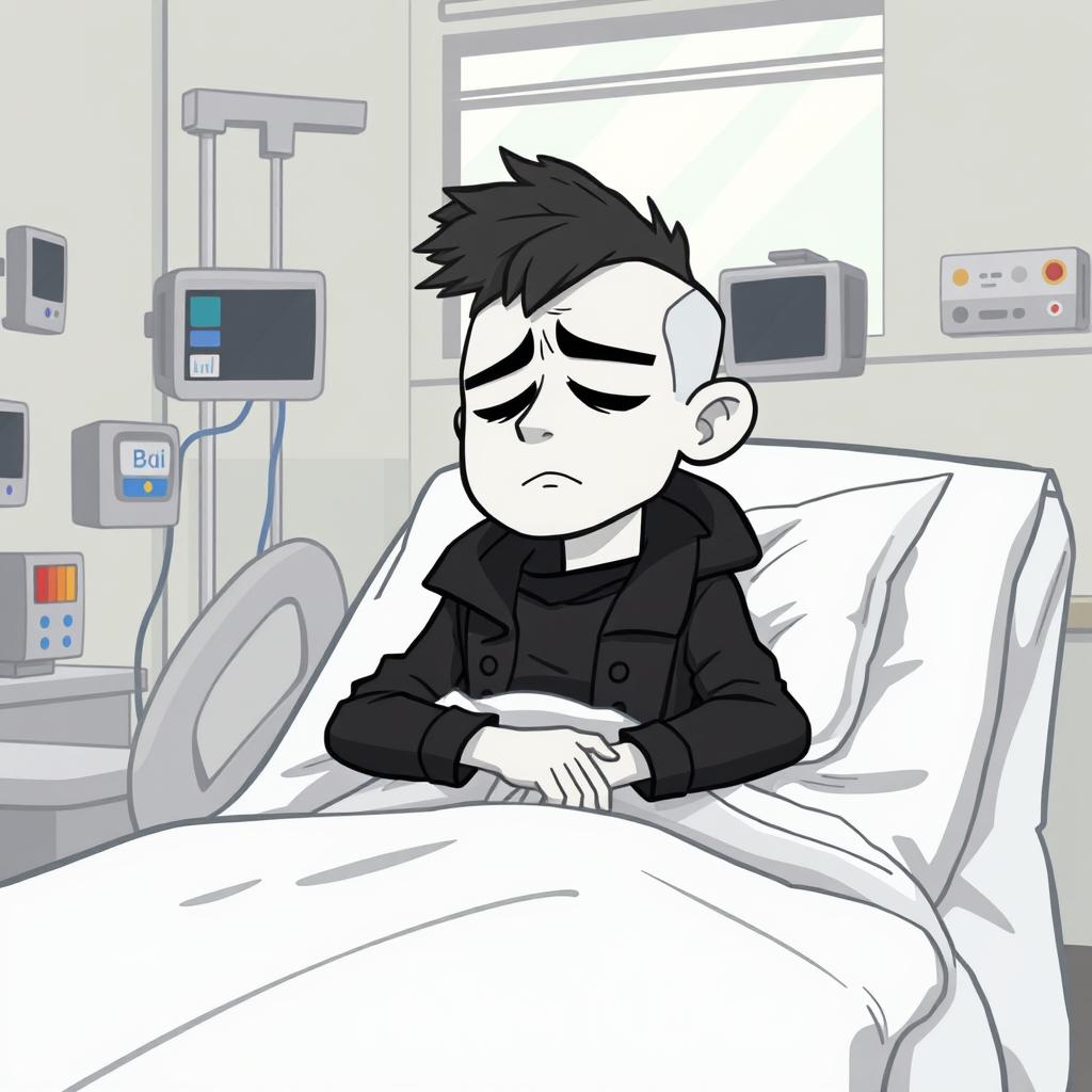 A cartoon-style vector illustration of a character representing a 'Doomer', who has white skin, lying in a hospital bed