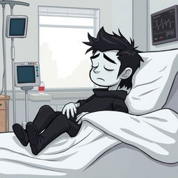 A cartoon-style vector illustration of a character representing a 'Doomer', who has white skin, lying in a hospital bed