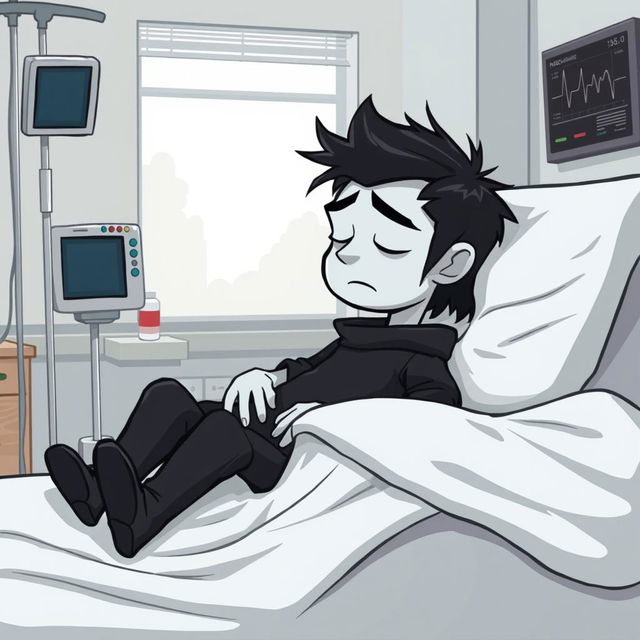 A cartoon-style vector illustration of a character representing a 'Doomer', who has white skin, lying in a hospital bed