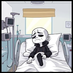 A cartoon-style vector illustration of a character representing a 'Doomer', who has white skin, lying in a hospital bed