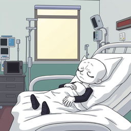 A cartoon-style vector illustration of a character representing a 'Doomer', who has white skin, lying in a hospital bed