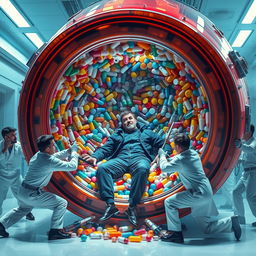 A dramatic scene depicting a person trapped inside a gigantic capsule filled with colorful pills and medicine