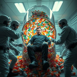 A dramatic scene depicting a person trapped inside a gigantic capsule filled with colorful pills and medicine