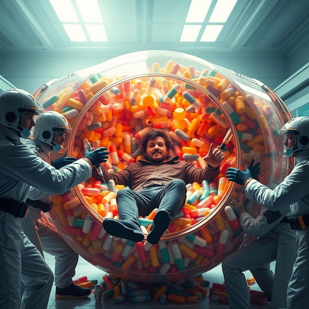 A dramatic scene depicting a person trapped inside a gigantic capsule filled with colorful pills and medicine