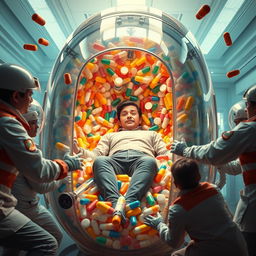 A dramatic scene depicting a person trapped inside a gigantic capsule filled with colorful pills and medicine