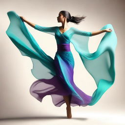 A digital art image capturing a slim dancing girl in a tasteful manner, her upper body only covered by a stylish shawl