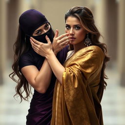 An intriguing and sensual scene featuring two alluring women in a blend of fashion and mystery