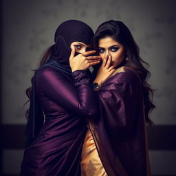 An intriguing and sensual scene featuring two alluring women in a blend of fashion and mystery