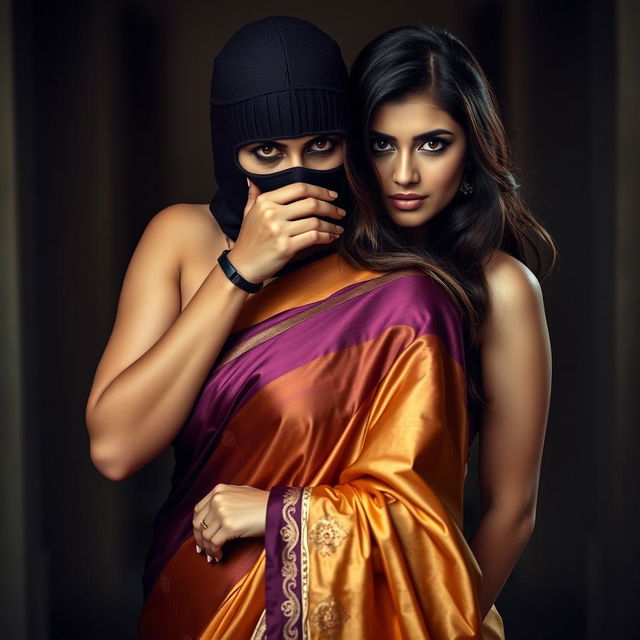 An intriguing and sensual scene featuring two alluring women in a blend of fashion and mystery