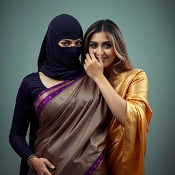 An intriguing and sensual scene featuring two alluring women in a blend of fashion and mystery
