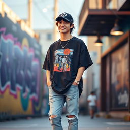 Jungkook from BTS, stylishly dressed in a casual outfit, featuring a trendy oversized graphic t-shirt paired with well-fitted distressed jeans