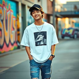 Jungkook from BTS, stylishly dressed in a casual outfit, featuring a trendy oversized graphic t-shirt paired with well-fitted distressed jeans