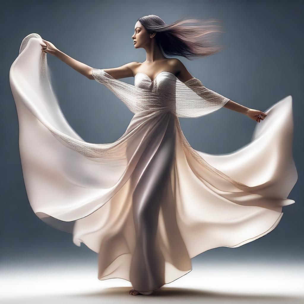 A digital art image capturing a slim dancing girl in a tasteful manner, her upper body only covered by a stylish shawl